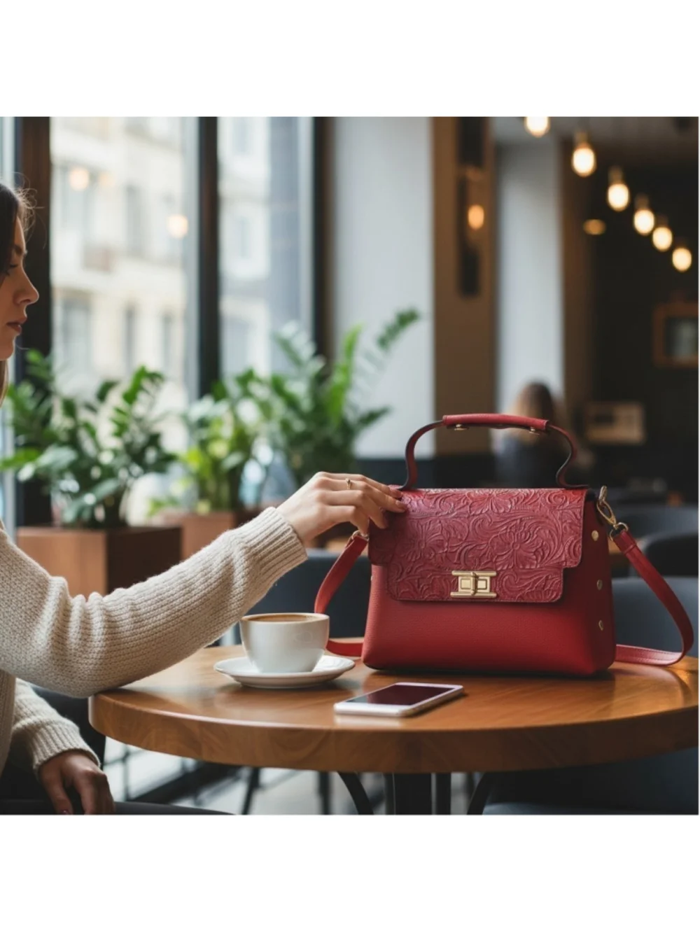 Red Floral Studded Embossed Artisan LEATHER Purse Handbag Crossbody Bag